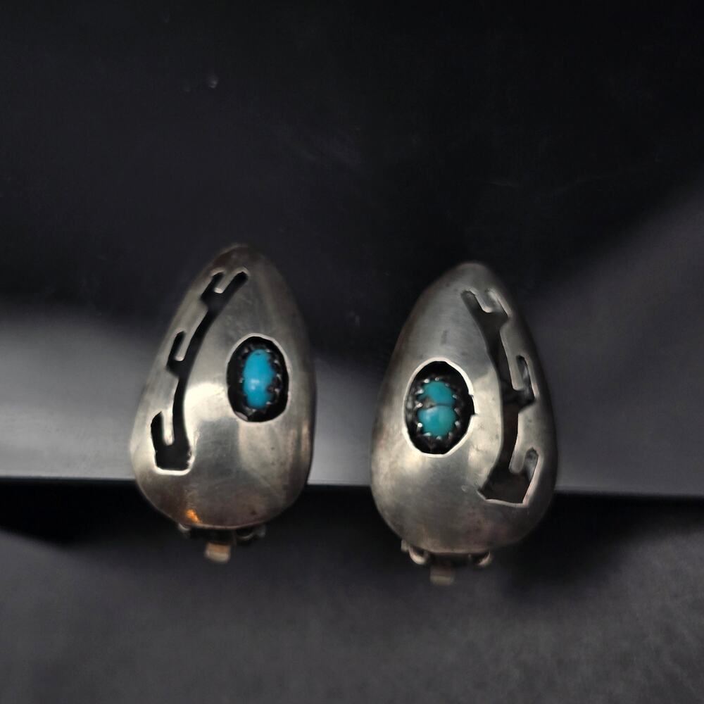 Vintage Sterling Silver Turquoise Clip On Earrings Tear Drop - Picture 8 of 8